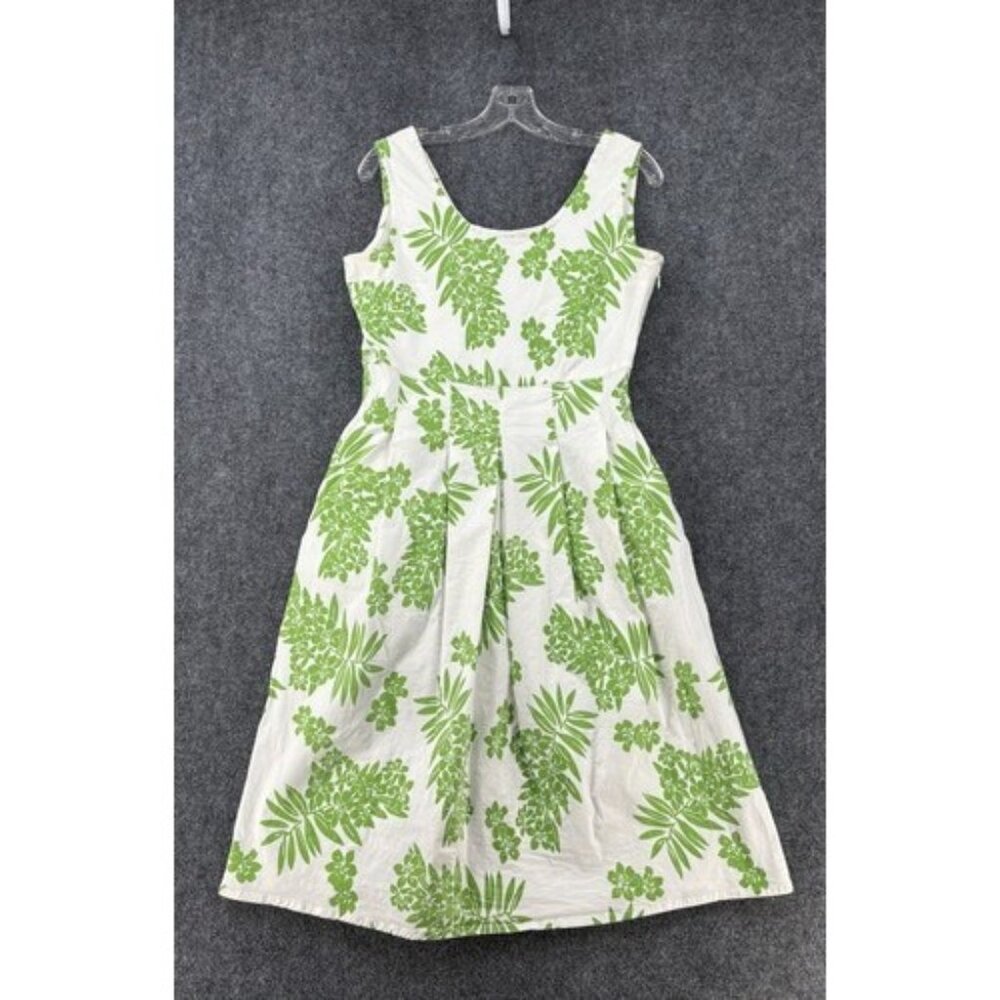 La Cera Women’s Medium Cotton Dress Ivory Green Hibiscus Flowers Side Zip Whimsy